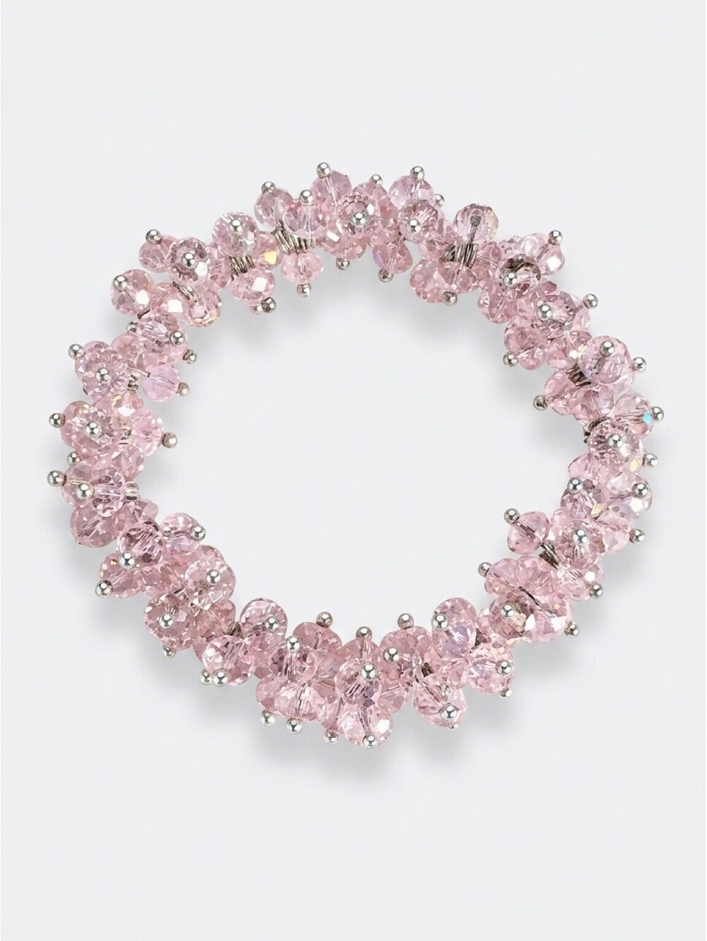 Pink Faceted Crystal Beaded Stretch Bracelet Silver Tone Cluster Statement
